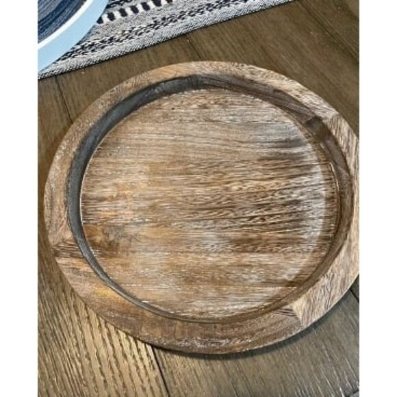 New Round Decorative Rustic Wooden Tray for Coffee Table Farmhouse Centerpiece - Picture 1 of 2